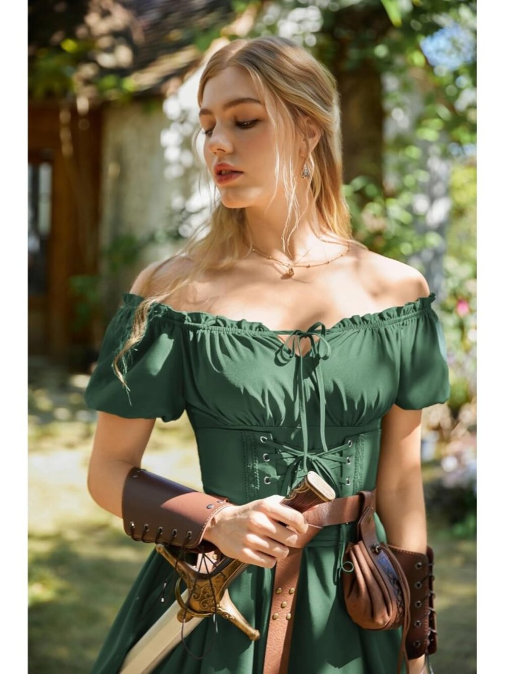 Women's Olive Renaissance Costume Corset Dress Mini Off Shoulder Fairy Dresses - Picture 6 of 6